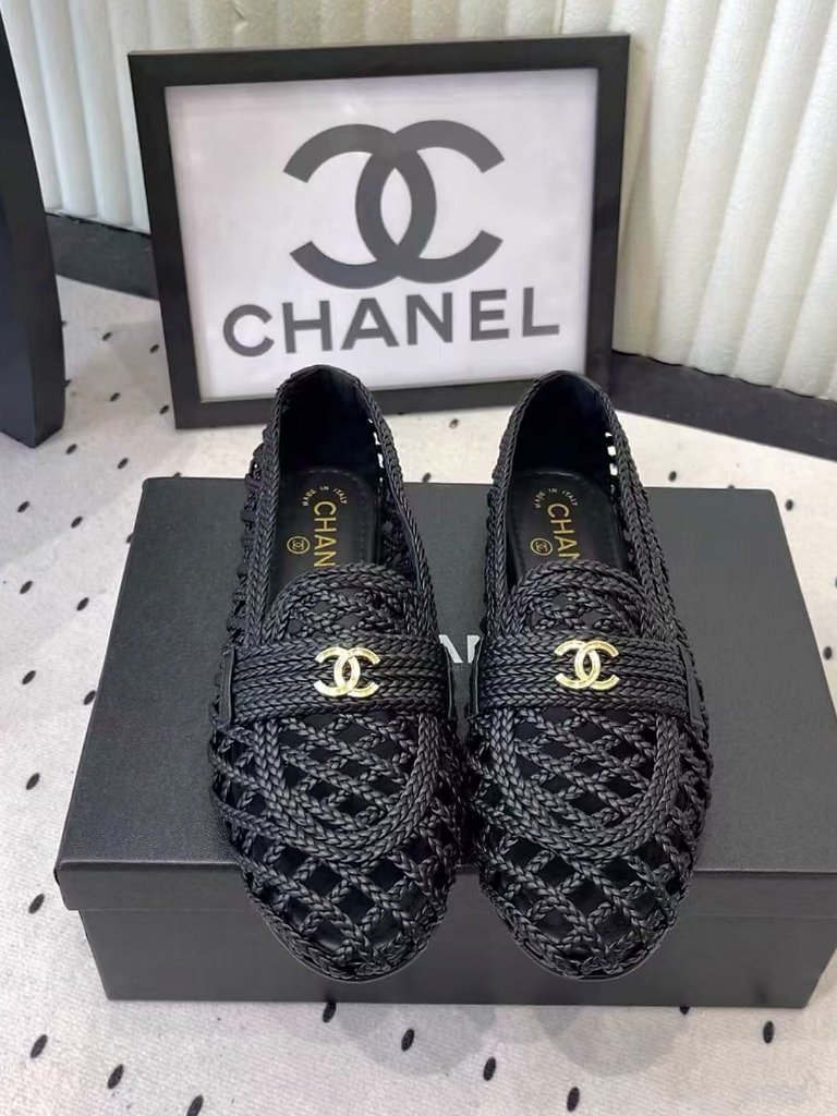 Black Chanel Woven Mesh Gold Cc Loafers